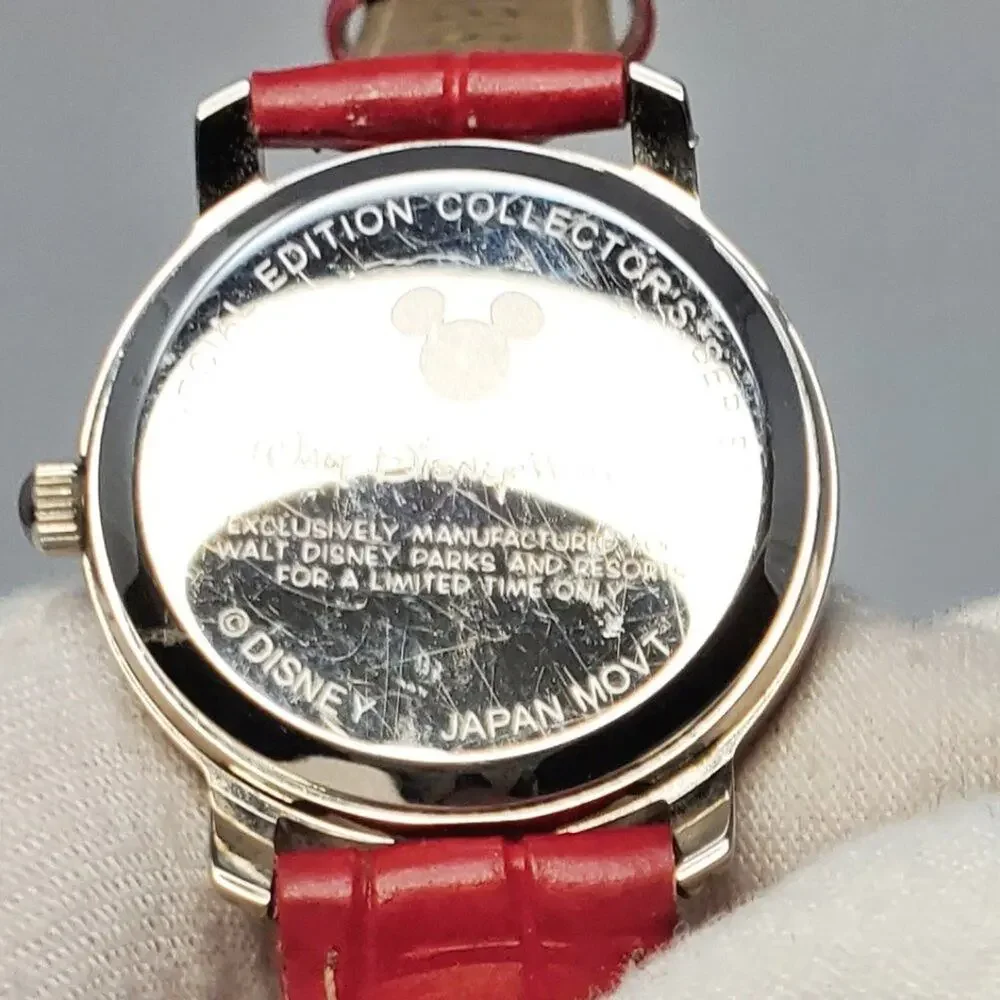 Disney Tinker Bell Holiday Quartz Watch Silver Red Leather